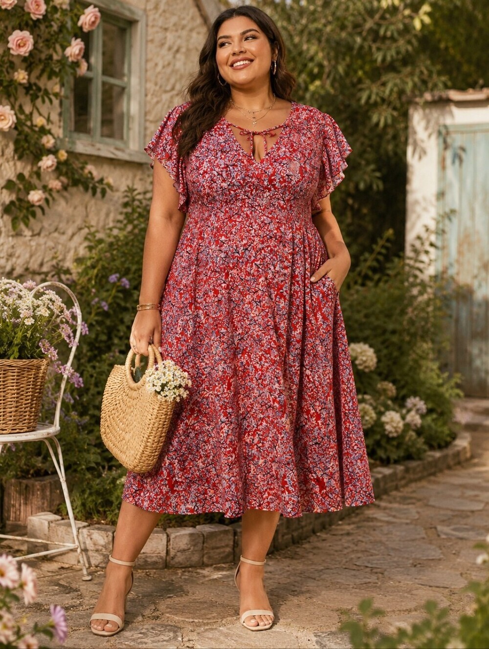 🌺 Unique Vintage Red Floral Midi Dress | Size 5X/26 | Plus Size Pockets Retro C